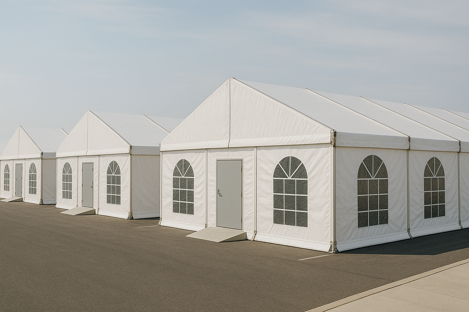 Large white modular tents in an urban setting, representative of San Francisco's event spaces