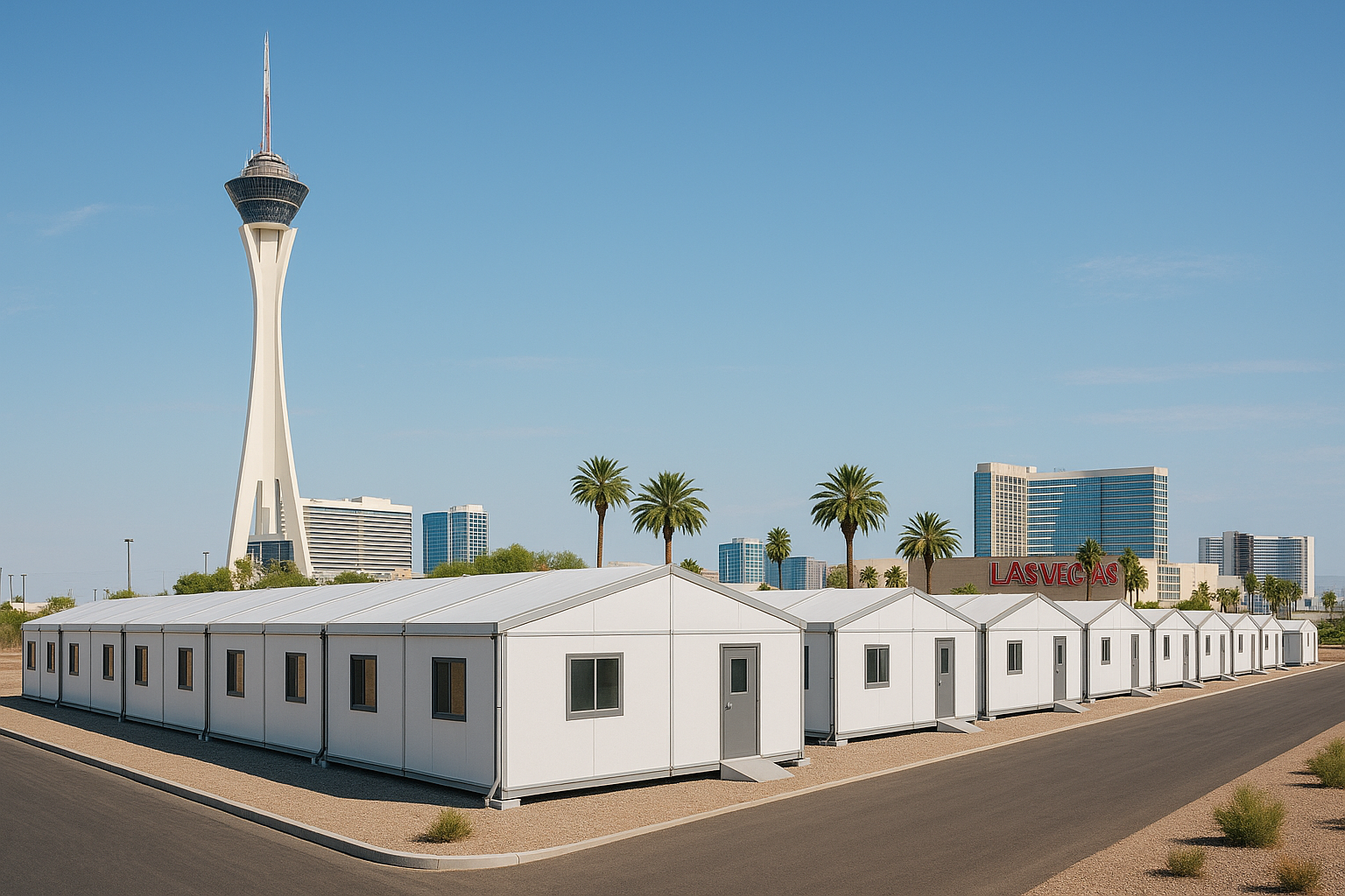 A modern modular building with glass siding in a sunny, urban Las Vegas setting