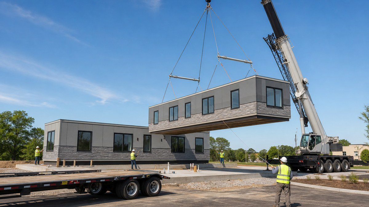 Crane setting a commercial modular building section onto a prepared foundation next to a completed module