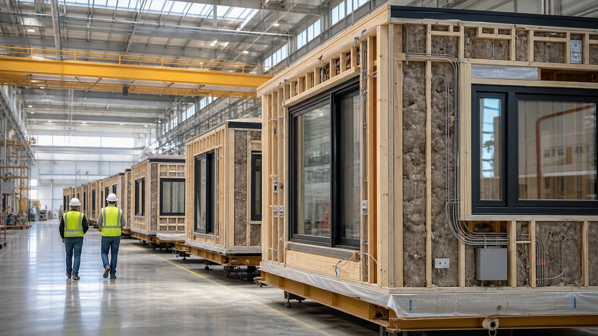 Commercial modular building sections under construction on an indoor factory production line