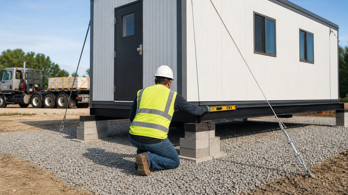 Installer setting and leveling a construction office trailer on blocking with tie-down anchors