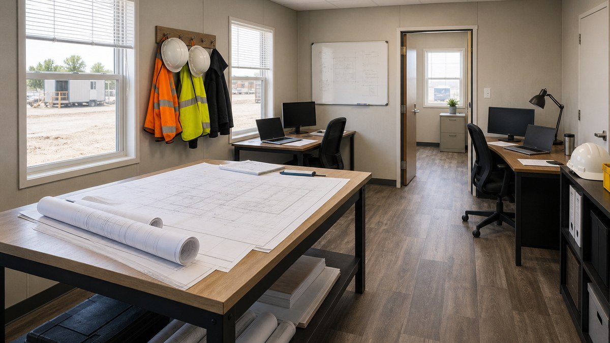 Inside a construction office trailer with a plan table, desks, drawings and a small private office