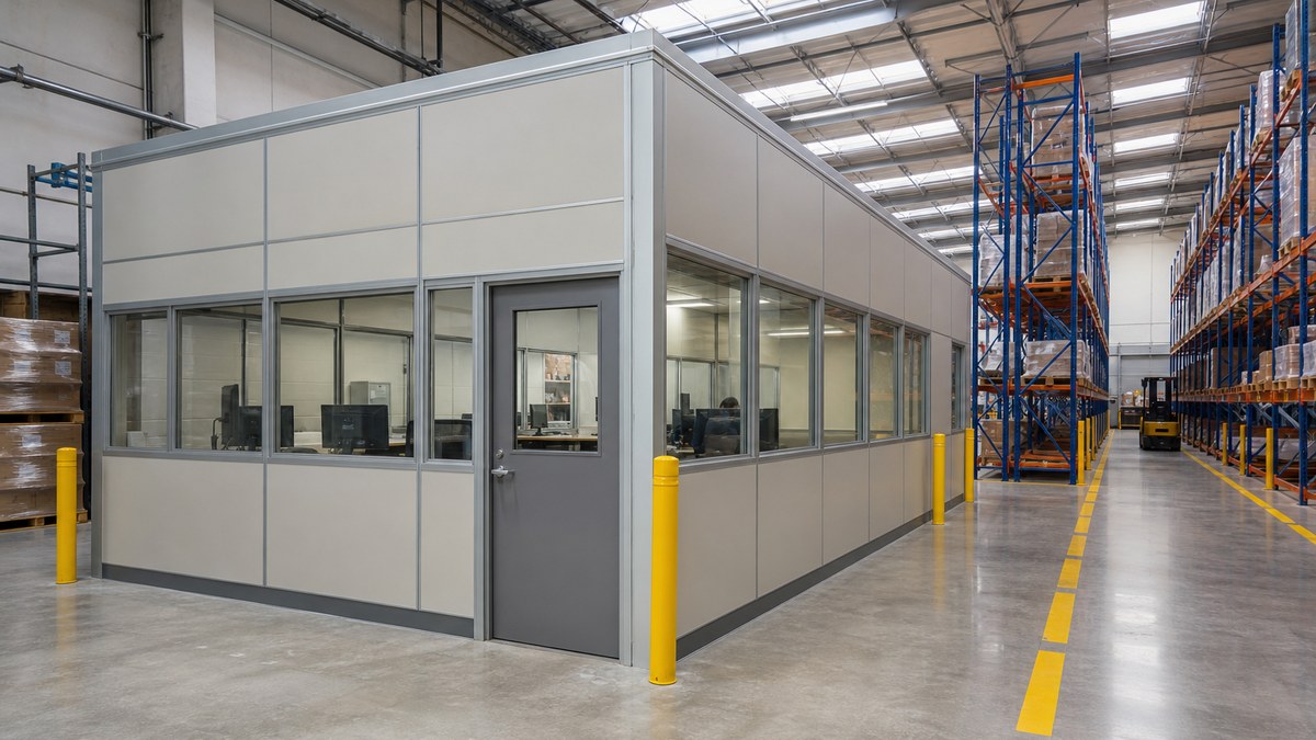 Modular in-plant office with windows and a steel door on a warehouse floor next to pallet racking