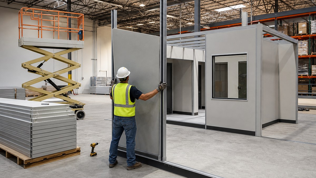 Installer assembling modular in-plant office wall panels and steel posts on a warehouse slab