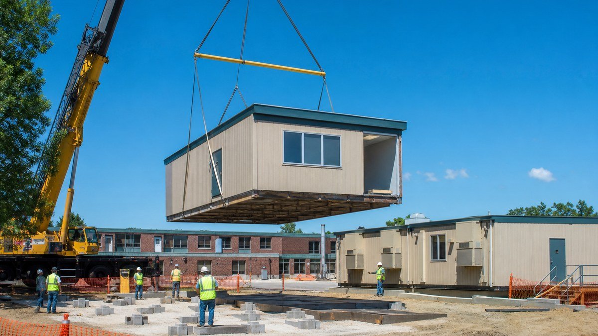 Crane setting a modular classroom building section on a school campus during summer installation