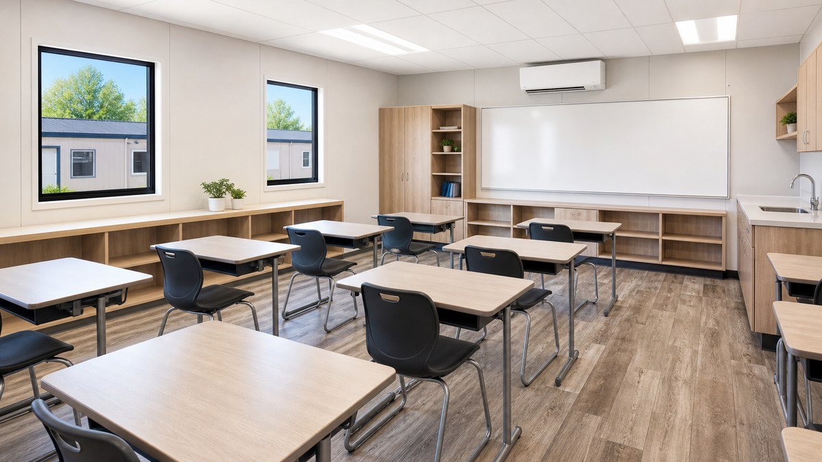 Bright modular classroom interior with student desks, whiteboard and large windows