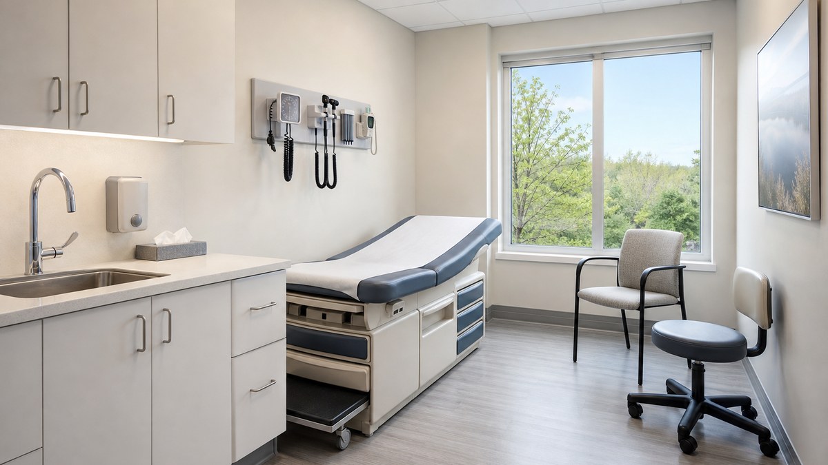Exam room inside a modular medical clinic with built-in casework, handwashing sink and exam table