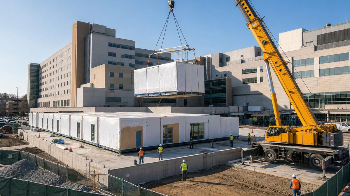 Crane setting a modular healthcare building section onto a foundation beside a hospital campus