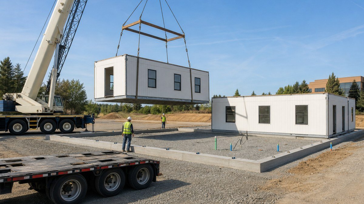 Crane lowering a modular office section onto a prepared foundation at a commercial site