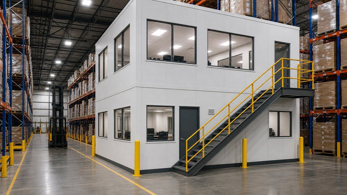 Two-story modular in-plant office inside a warehouse with pallet racking and a forklift aisle