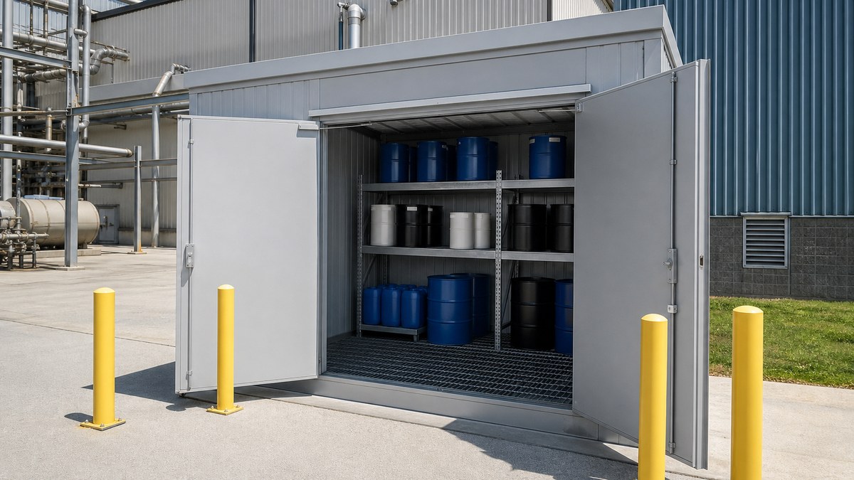 Prefabricated steel storage building with spill containment at an industrial facility