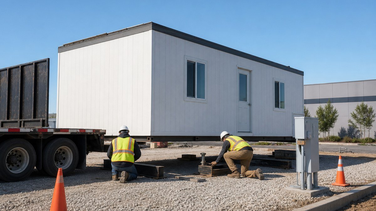 Temporary modular building being delivered and set on a prepared gravel pad