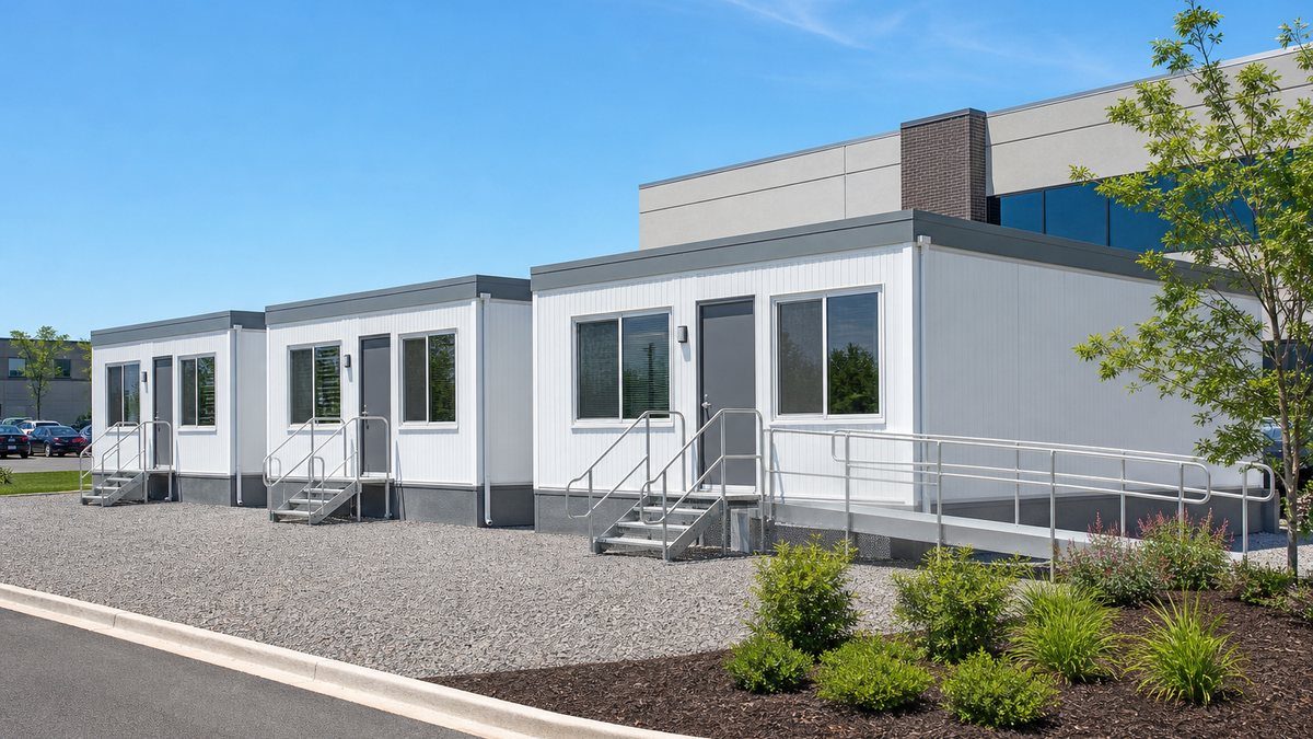 Temporary modular buildings for rent set up as offices next to a commercial building