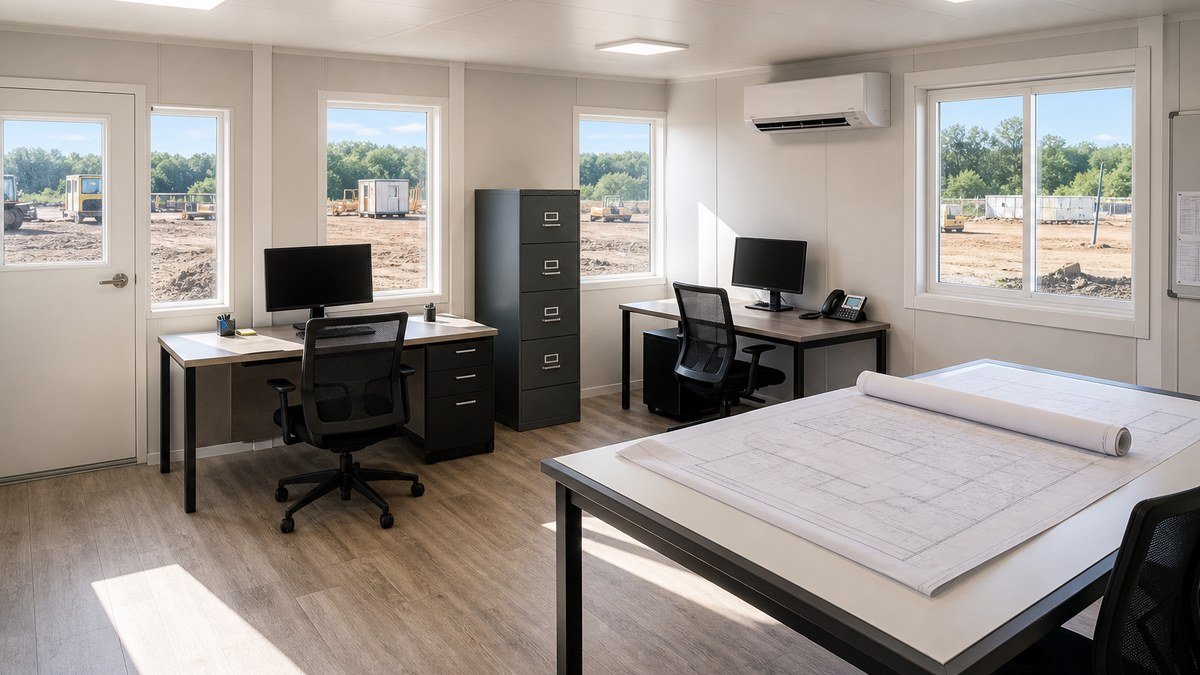 Interior of a rented temporary modular office with desks, plan table and windows