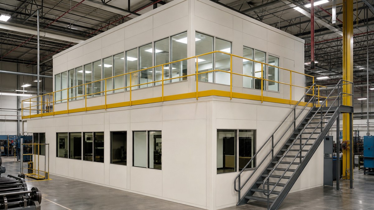 Two-story modular in-plant office with steel stairs and guardrails along the upper walkway inside a manufacturing plant