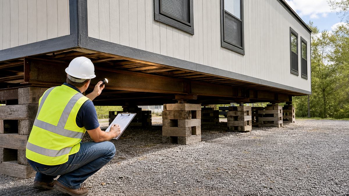 Inspector with a flashlight examining the steel frame and underside of a used modular building before purchase