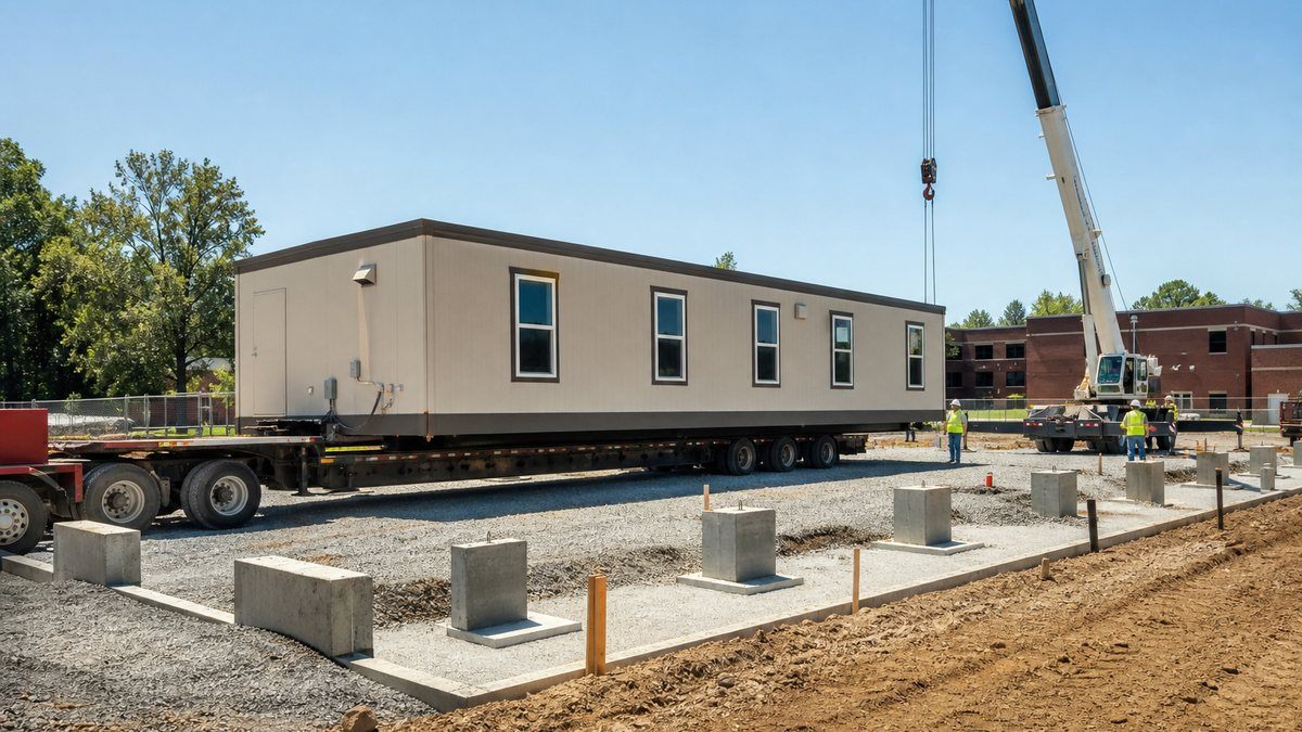 Used modular classroom building section being delivered on a transport carrier to a new school site